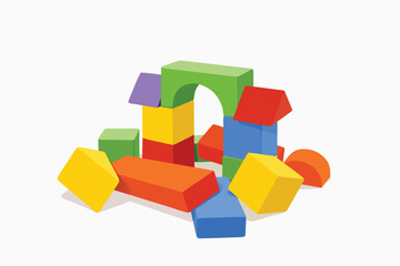 Obraz premium Colorful toy building blocks stacked in a pile on a white surface.