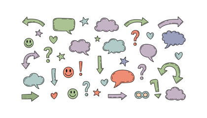 Obraz premium Pastel Colored Hand Drawn Doodle Elements with Arrows Clouds Hearts and Smiley Faces