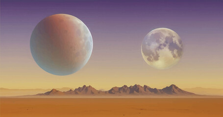Realistic vector illustration of science fiction planet with dark blue, purple, yellow and orange clear sky with two rocky moons, sand and rock barren surface and rocky mountains in the distance © Marijan