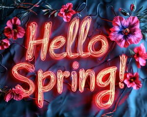 A stunning neon sign made of vibrant flowers artfully conveys the message 'Hello Spring!', beautifully illuminating the celebration of the lively colors and energy of the season.