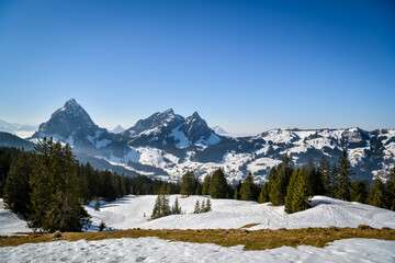 View on snowy Grosser Mythen and Kleiner Mythen peaks in canton of Schwyz in Switzerland