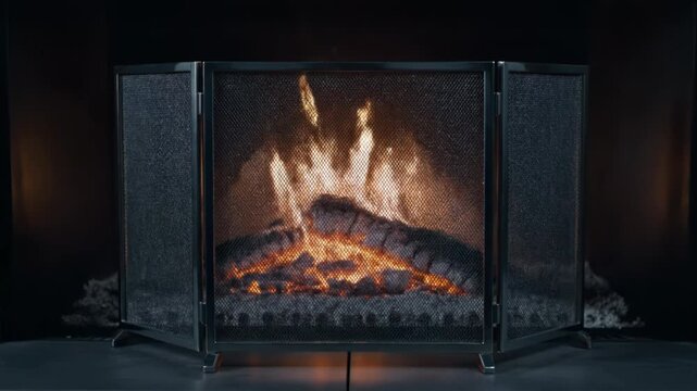 A modern fireplace screen protects a warm, glowing fire. The flickering flames create a cozy and inviting atmosphere.