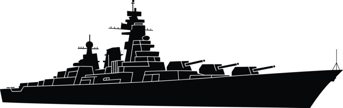 Black silhouette vector illustration of battleship with gun turrets, radar, and antennas, bold design for military, navy, defense, and maritime themes