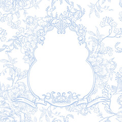 Vintage Toile de Jouy card with Blue Peonies and leaves. Illustration