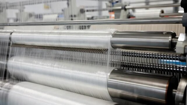 Synthetic fiber slivers being carefully combed and aligned on modern machinery highlighting industrial preparation steps for highquality fabric production.