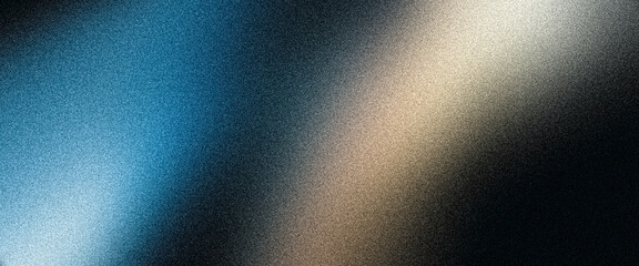 Grainy background, dark noisy color gradient, blue beige abstract glowing shape on black backdrop, wide banner poster header cover wallpaper design