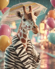 Obraz premium Surreal Giraffe in Zebra Coat Holding Umbrella in Rain with Balloons. AI generative