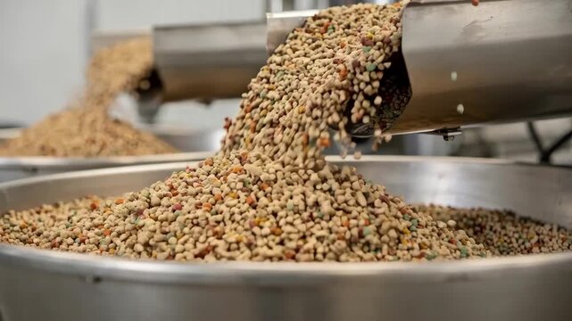 Close medium shot of naturaltoned masterbatch granules being fed into extruder hoppers highlighting ecofriendly tinted fabric production with earthy organic color variations.