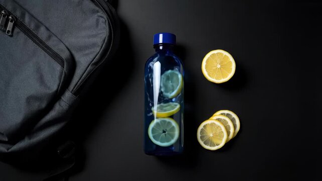 A dark backpack sits beside a blue water bottle with lemon slices. Refreshing hydration for an active lifestyle.