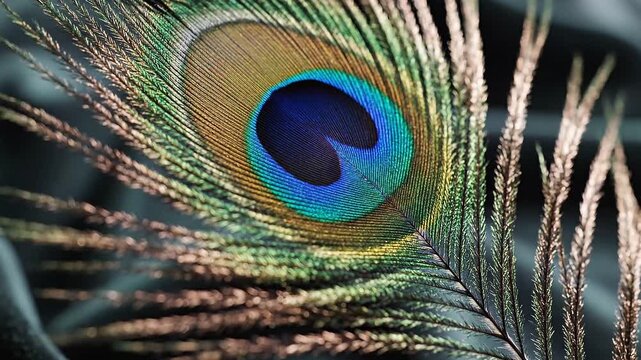 Close up slow motion 4k footage of vibrant peacock feather eye pattern in natural light cinematic clip