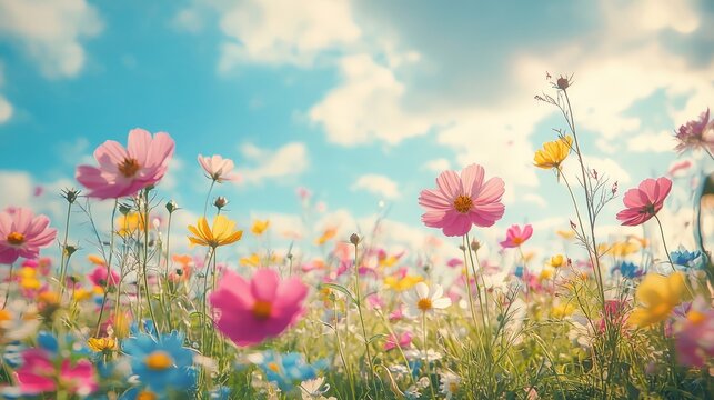 A captivating display of various colorful flowers against a soft, bright sky, evoking feelings of joy and celebration, representing the beauty and diversity of nature.