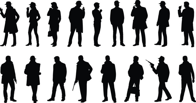 Detective and spy silhouette set, secret agent man standing poses with hat gun and cigarette, noir crime character collection isolated on white background illustration