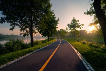 A winding path through a lush green park at sunrise