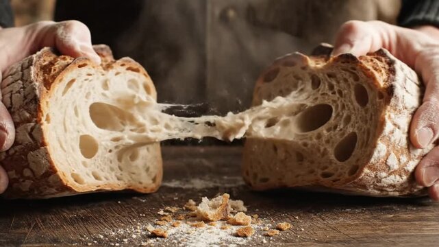 Freshly baked artisan bread being torn apart to reveal its airy interior.
