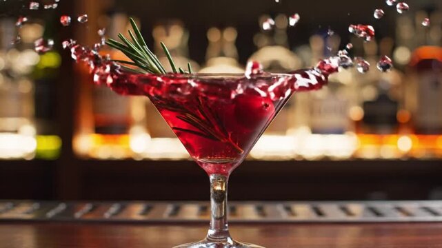 Cranberry cocktail splashing in martini glass with rosemary