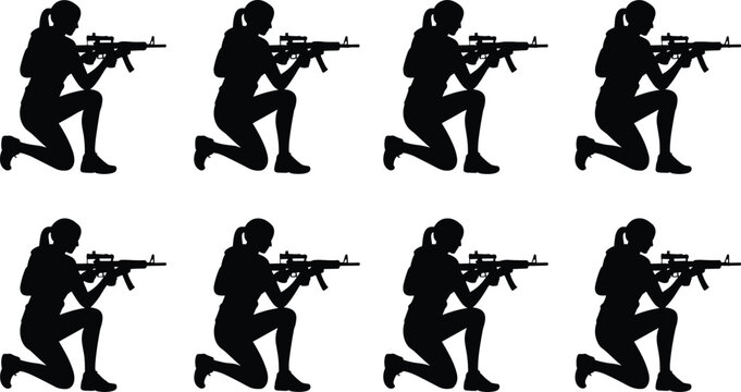 Female soldier silhouette set aiming assault rifle, kneeling tactical combat pose collection isolated on white background for military security and war concept