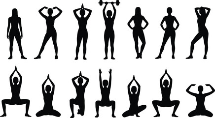 Fototapeta premium Fitness woman silhouette set, female workout training poses with yoga stretching and weightlifting exercises, gym sport healthy lifestyle illustration isolated on white background