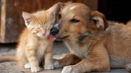 Adorable orange kitten and brown puppy cuddling and playing affectionately.