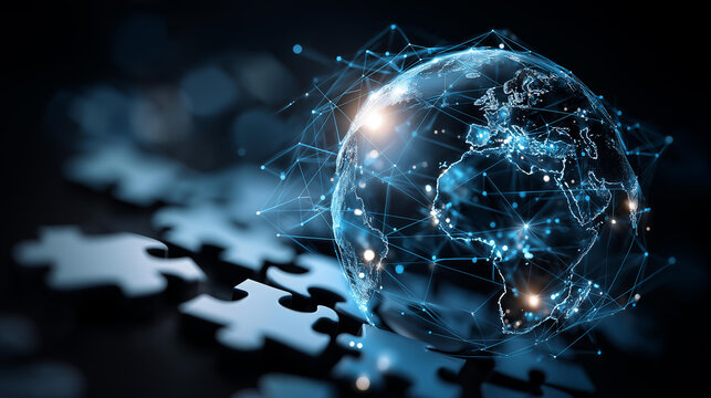 Dynamic scene of puzzle pieces forming globe, defocused glowing in electric blue, worldwide API connections symbolism, digital ecosystems, global connectivity, with copy space