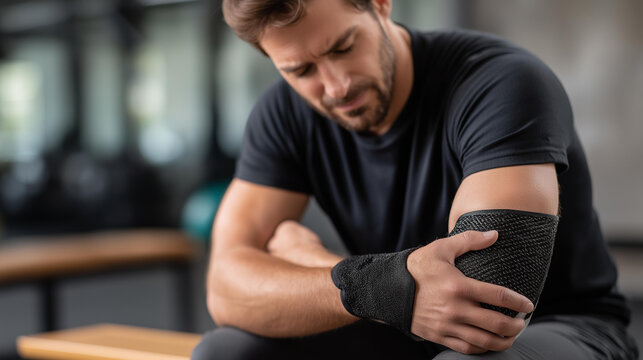 Faceless man wearing elbow brace sitting on gym bench, defocused grimacing and holding elbow, experiencing pain or discomfort from injury, orthopedic support, with copy space