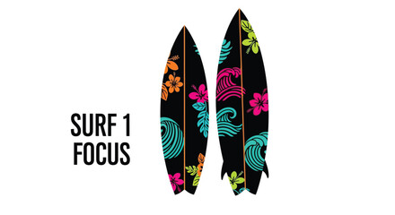 Two surfboards with floral designs and text a striking silhouette © mst