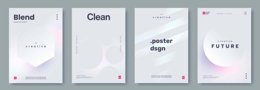 Set of modern minimalist poster designs with soft holographic gradients, abstract geometric shapes, and clean typography. Ideal for branding, banner, advertising, presentations, covers