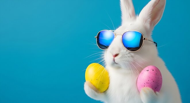 White rabbit with sunglasses holding colorful easter eggs on blue background