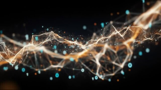 Digital network flow with binary code, abstract dark background