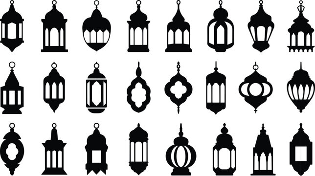 Ramadan lantern silhouette set, traditional Arabic Islamic hanging lamp collection for Eid Mubarak decoration, mosque festival light icon illustration isolated
