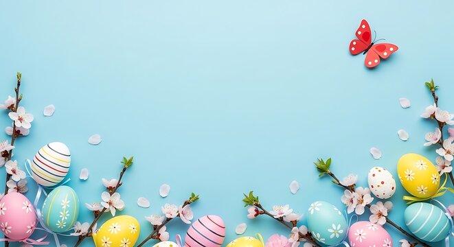 Colorful easter eggs, butterflies, and flowers on blue background