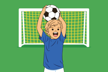 Young boy celebrating a goal in front of a soccer net.