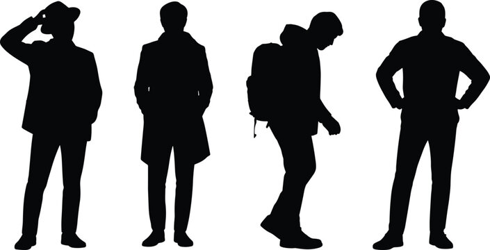 Set of male silhouette standing poses, businessman and traveler character collection, black human figure shadows isolated on white background for design use