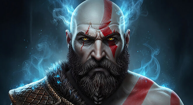 Kratos standing confidently with bold facial expressions and mystical blue flames surrounding him in a dark mysterious environment