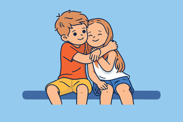 Two young siblings sitting together and hugging with affection.