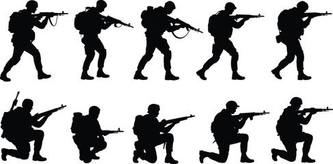 Soldier silhouette set in combat poses, armed military men aiming rifles standing and kneeling, tactical army special forces war action illustration