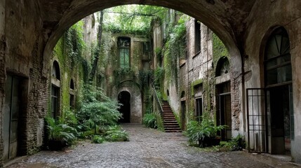 Obraz premium Lush vegetation envelops a weathered courtyard, showcasing a decaying brick structure under a series of arched walkways.