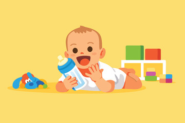 Cute baby crawling on the floor with toys and a milk bottle.