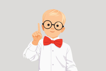 Smart boy wearing glasses and a red bow tie pointing upwards.