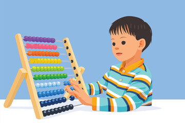 Young boy using a colorful abacus for math learning.