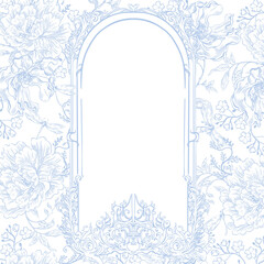 Vintage Toile de Jouy card with Blue Peonies and leaves. Illustration