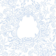 Vintage Toile de Jouy card with Blue Peonies and leaves. Illustration