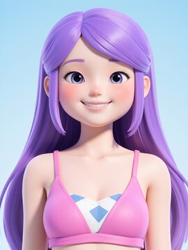 3d cartoon style image of a smiling girl with purple long hair, in summer cloths, front view