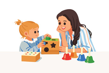 Mother playing educational shape sorting game with her daughter.