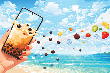 Creative scene showing a hand holding a mobile phone with floating fruits.