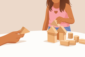 Child building a tower with wooden blocks on a white table.
