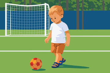 Young boy playing soccer alone on a green football field.