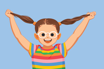 Happy young girl with pigtails holding her hair and smiling.