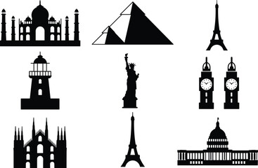 World famous landmark silhouettes set, Taj Mahal pyramids Eiffel Tower Big Ben Statue of Liberty lighthouse cathedral and capitol building, travel icon illustration