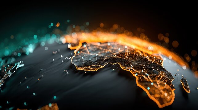 A detailed, 3D global map visualization, highlighting regions with warm, orange-yellow light accents, complemented by cool, teal-blue highlights, and a dark, textured background.