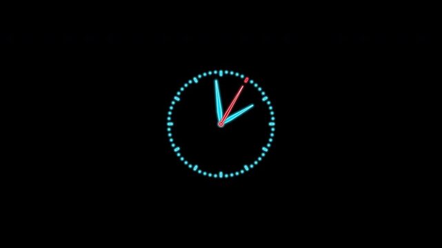 clock with neon hands and a dial. The second hand of the stopwatch, set to a 60-second cycle, indicates that it is 2:00. Video animation of the clock with alpha channel